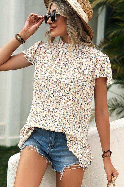 Ditsy Floral Mock Neck Short Sleeve T-Shirt - Trendsi - Flyclothing LLC