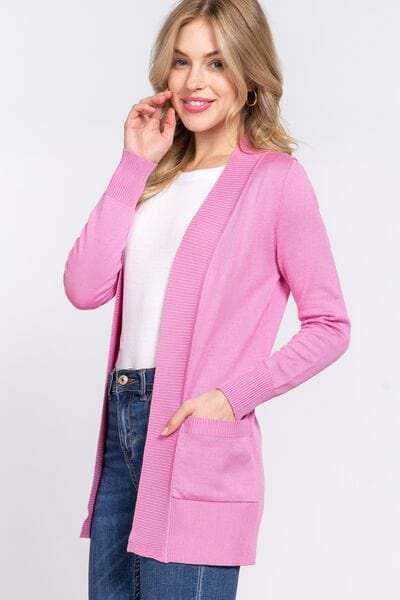 ACTIVE BASIC Ribbed Trim Open Front Cardigan - Trendsi - Flyclothing LLC