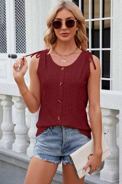 Eyelet Round Neck Wide Strap Tank - Trendsi - Flyclothing LLC
