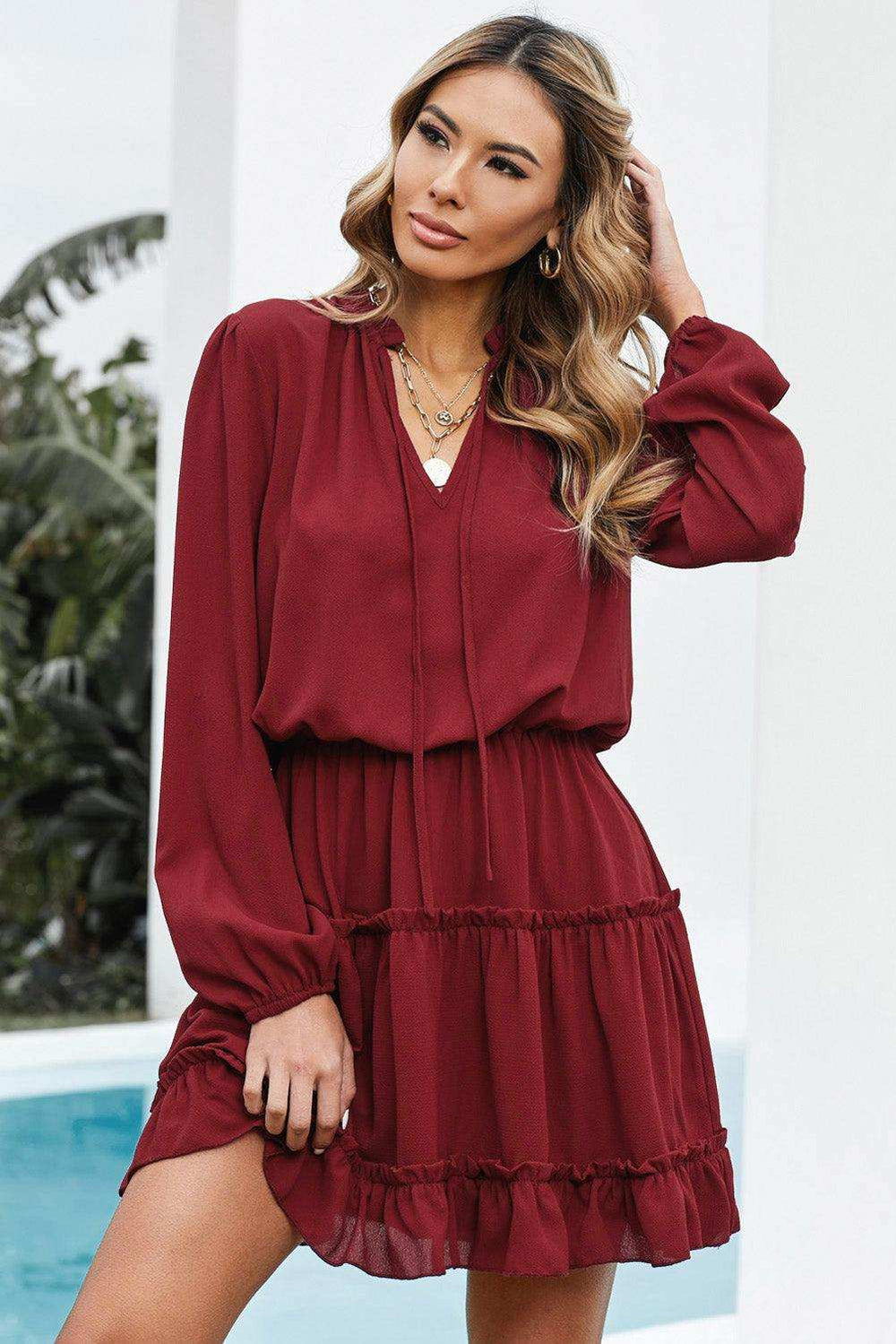 Tied Frill Trim Puff Sleeve Mini Dress - Trendsi - Flyclothing LLC
