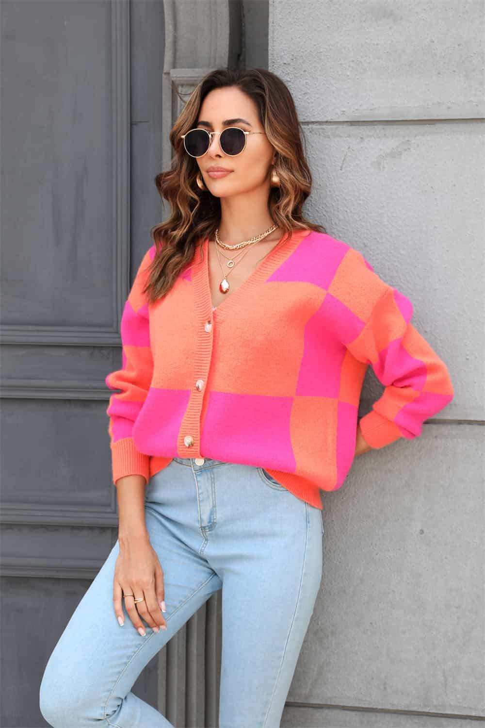 Plaid V-Neck Dropped Shoulder Cardigan - Trendsi - Flyclothing LLC