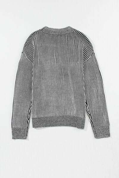 Striped Mock Neck Dropped Shoulder Sweater - Trendsi - Flyclothing LLC