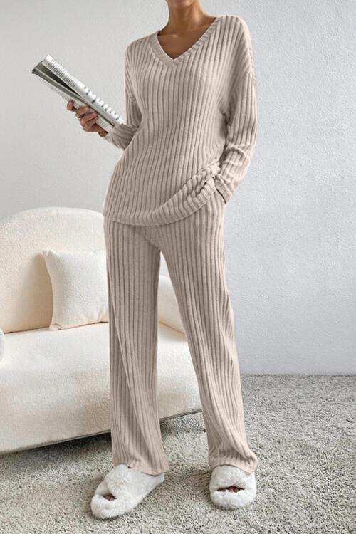 Ribbed V-Neck Top and Pants Set - Trendsi - Flyclothing LLC