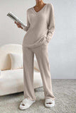 Ribbed V-Neck Top and Pants Set - Trendsi - Flyclothing LLC