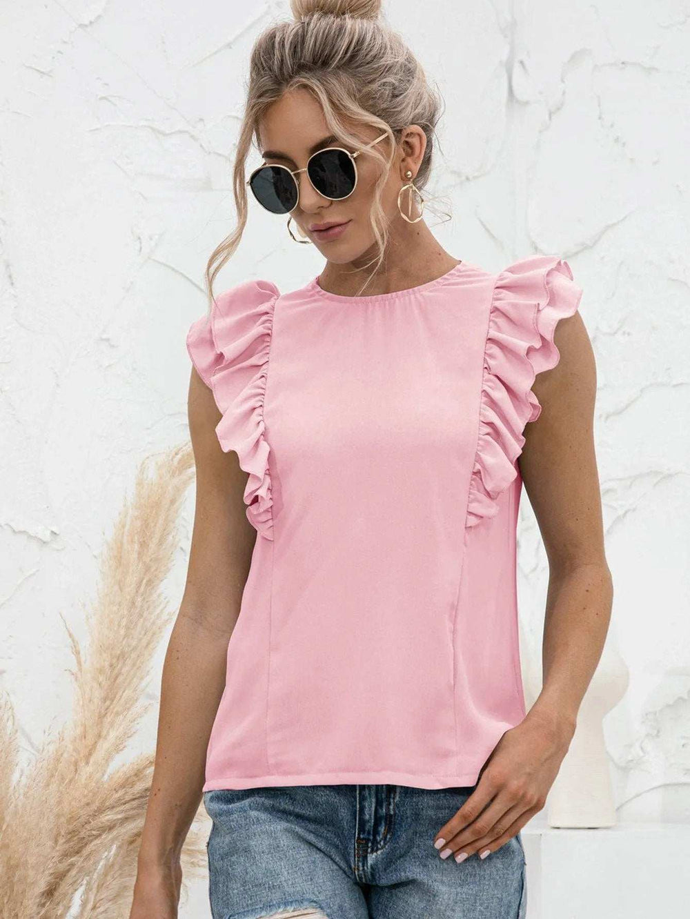 Round Neck Tied Open Back Flutter Sleeve Top - Trendsi - Flyclothing LLC