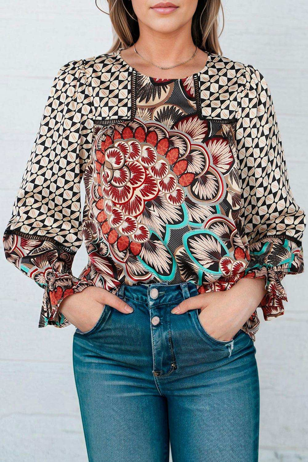Printed Flounce Sleeve Blouse - Trendsi - Flyclothing LLC