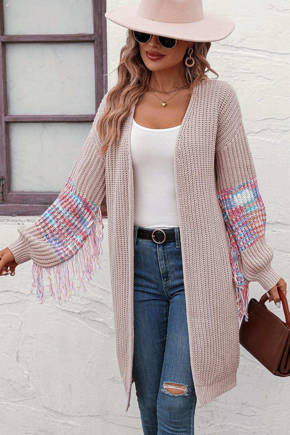 Fringe Sleeve Dropped Sholder Cardigan - Trendsi - Flyclothing LLC