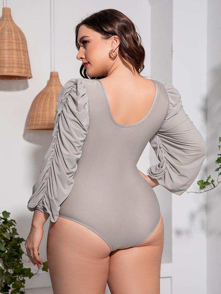 Plus Size Tied Deep V Balloon Sleeve One-Piece Swimsuit - Trendsi - Flyclothing LLC