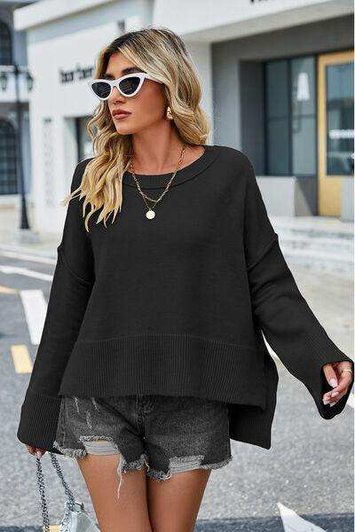 High-Low Slit Round Neck Long Sleeve Sweater - Trendsi - Flyclothing LLC