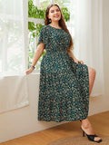 Plus Size Floral Round Neck Short Sleeve Midi Dress - Trendsi - Flyclothing LLC