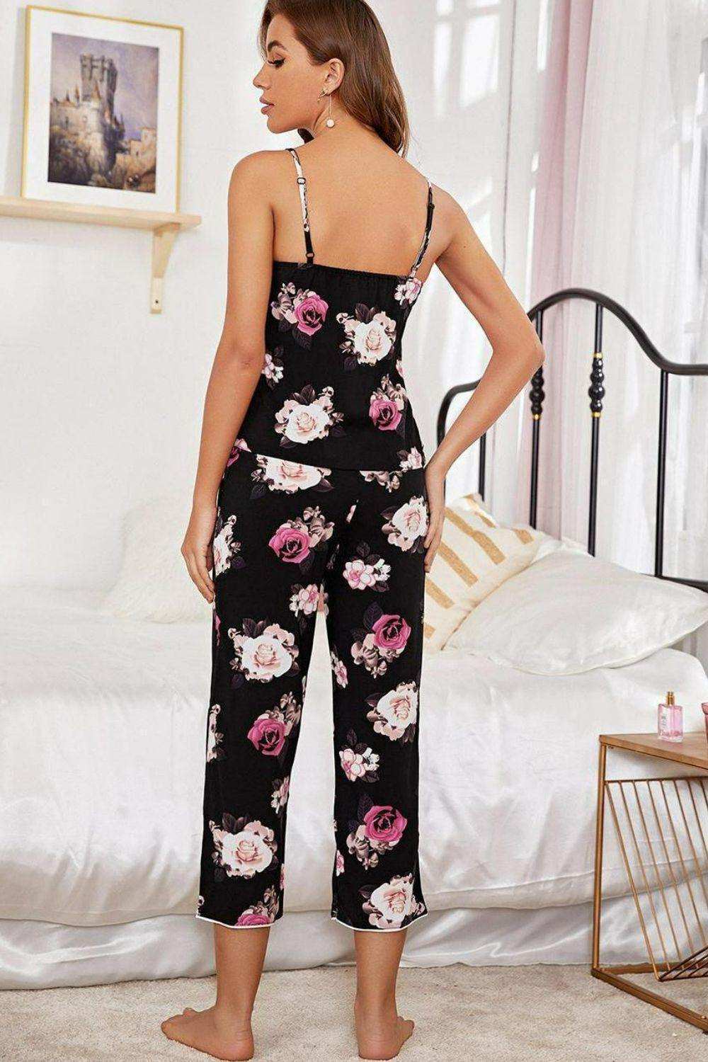 Floral V-Neck Cami and Cropped Pants Lounge Set - Trendsi - Flyclothing LLC