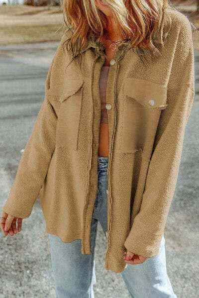 Pocketed Button Up Droppped Shoulder Jacket - Trendsi - Flyclothing LLC