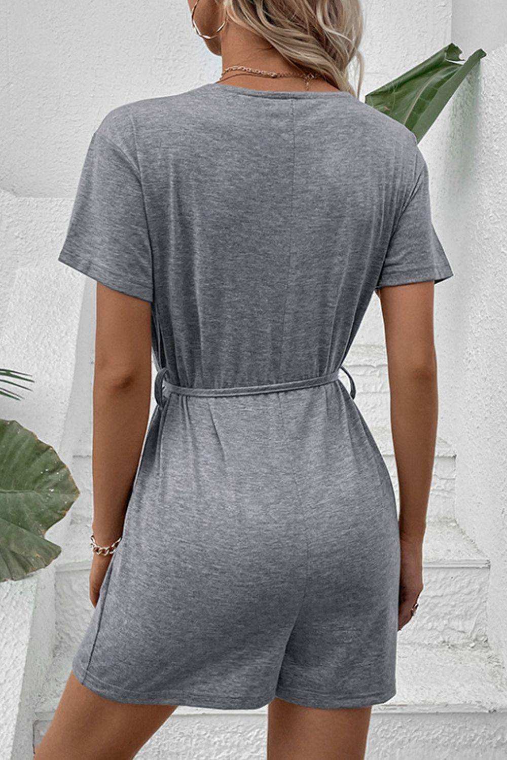 V-Neck Short Sleeve Tied Romper - Trendsi - Flyclothing LLC