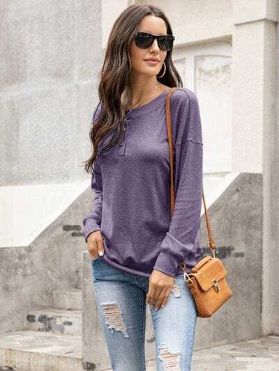 Quarter Button Dropped Shoulder Blouse - Trendsi - Flyclothing LLC