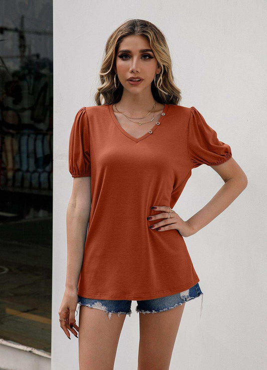 V-Neck Decorative Buttons Puff Sleeve Tee - Trendsi - Flyclothing LLC