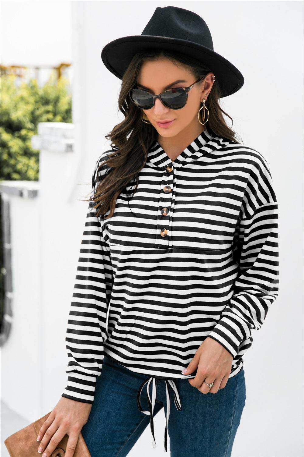 Striped Half-Button Dropped Shoulder Hoodie - Trendsi - Flyclothing LLC