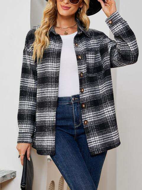 Plaid Collared Shirt Jacket - Trendsi - Flyclothing LLC
