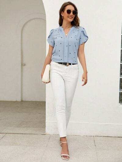 Heart Print Notched Petal Sleeve Blouse - Trendsi - Flyclothing LLC