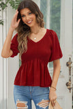 Smocked Balloon Sleeve Peplum Blouse - Trendsi - Flyclothing LLC