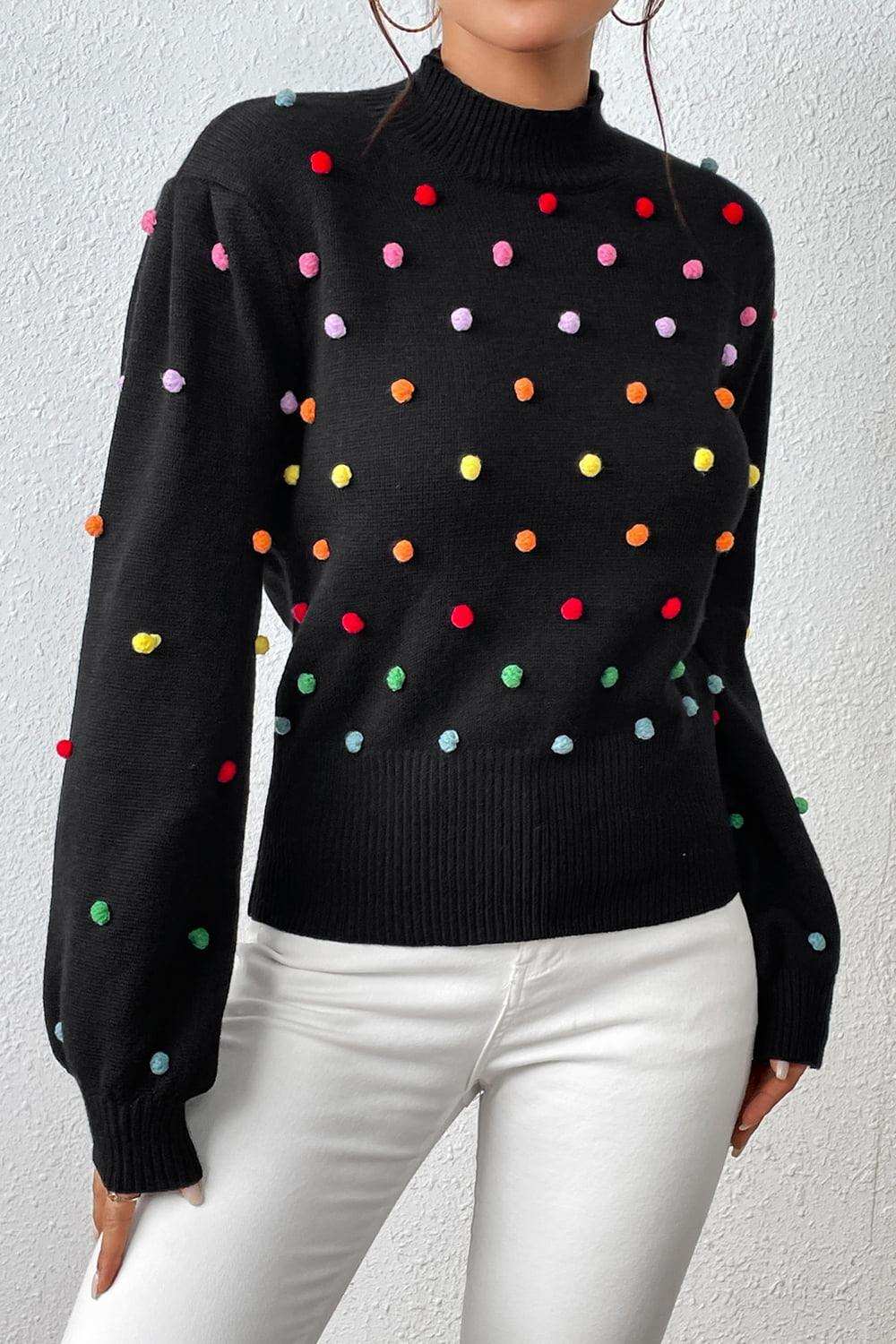 Pom-Pom Trim Mock Neck Long Sleeve Pullover Sweater - Trendsi - Flyclothing LLC