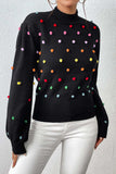Pom-Pom Trim Mock Neck Long Sleeve Pullover Sweater - Trendsi - Flyclothing LLC