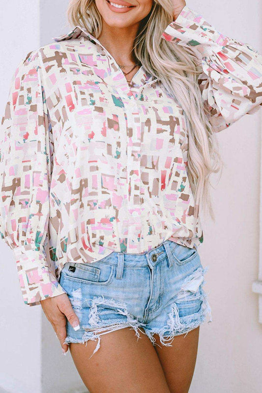 Printed Collared Neck Long Sleeve Shirt - Trendsi - Flyclothing LLC