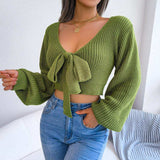 Tie-Front Rib-Knit Cropped Sweater - Trendsi - Flyclothing LLC