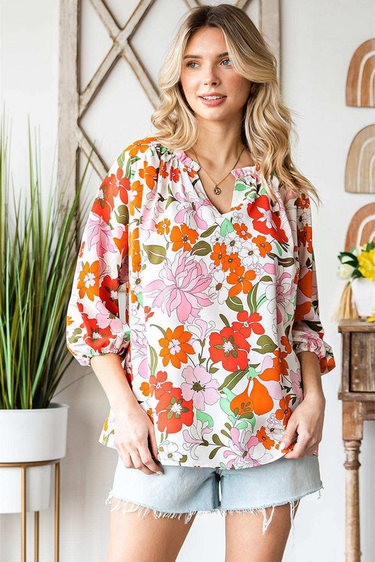Floral Notched Neck Balloon Sleeve Blouse - Trendsi - Flyclothing LLC