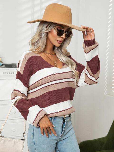 Striped V-Neck Long Sleeve Knit Top - Trendsi - Flyclothing LLC