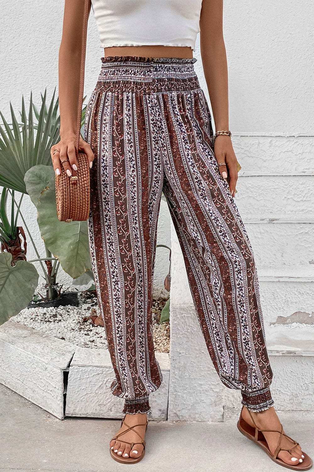 Smocked Printed High Waist Pants - Trendsi - Flyclothing LLC