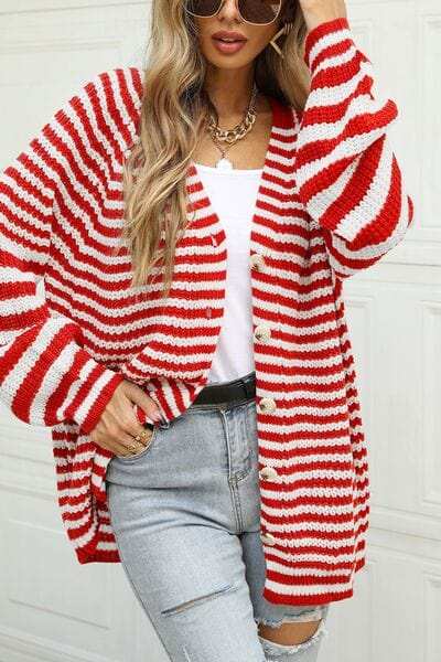 Striped Button Up Long Sleeve Cardigan - Trendsi - Flyclothing LLC