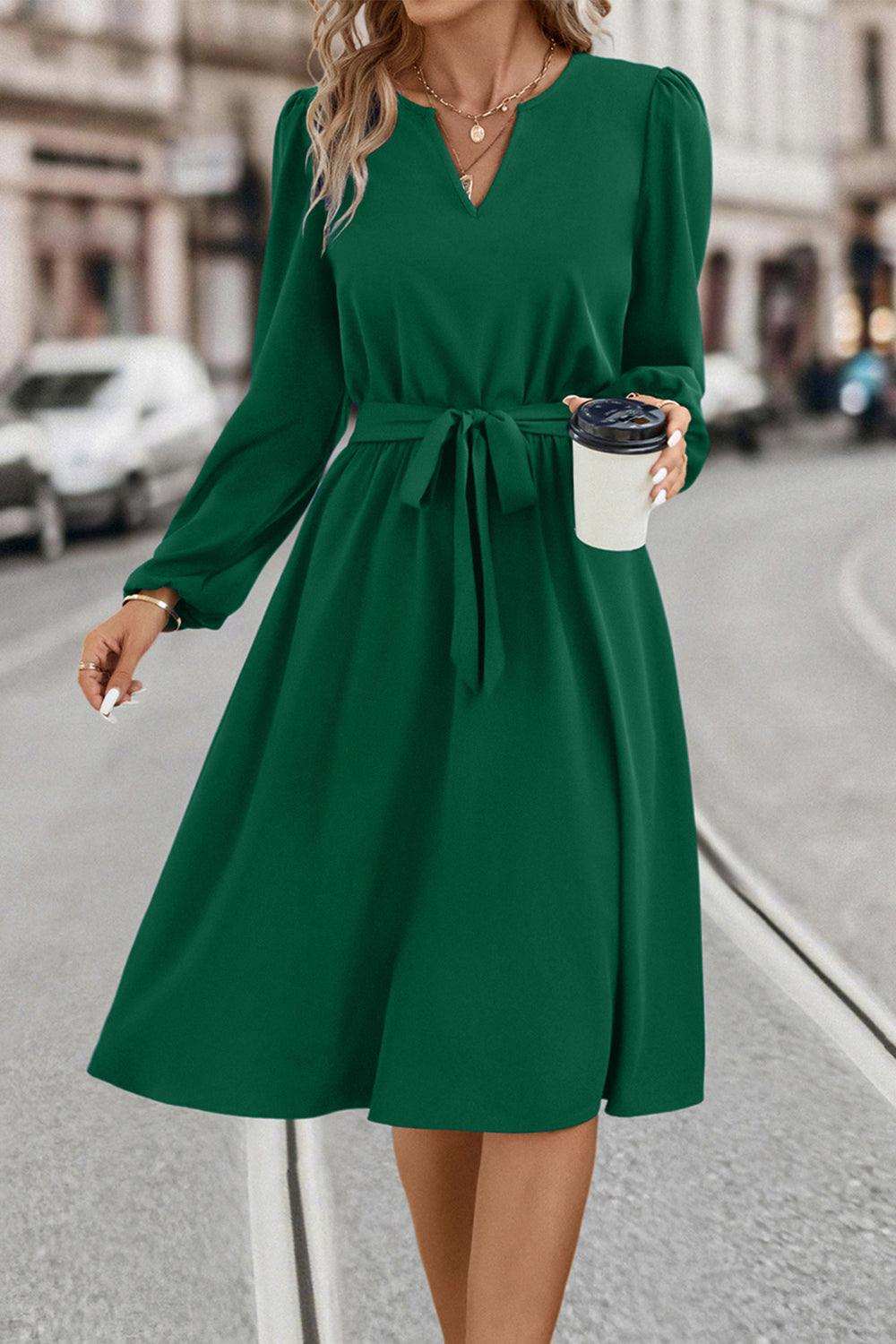 Tie Waist Notched Neck Long Sleeve Dress - Trendsi - Flyclothing LLC