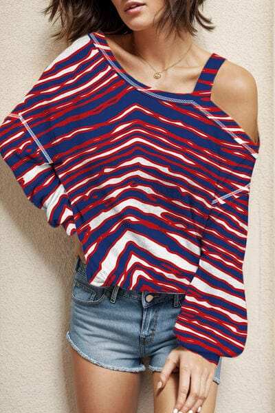 Striped Asymmetrical Neck Long Sleeve T-Shirt - Trendsi - Flyclothing LLC