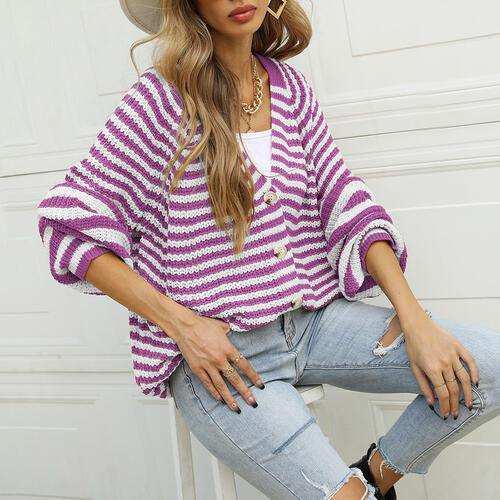 Striped Button Down Long Sleeve Cardigan - Trendsi - Flyclothing LLC