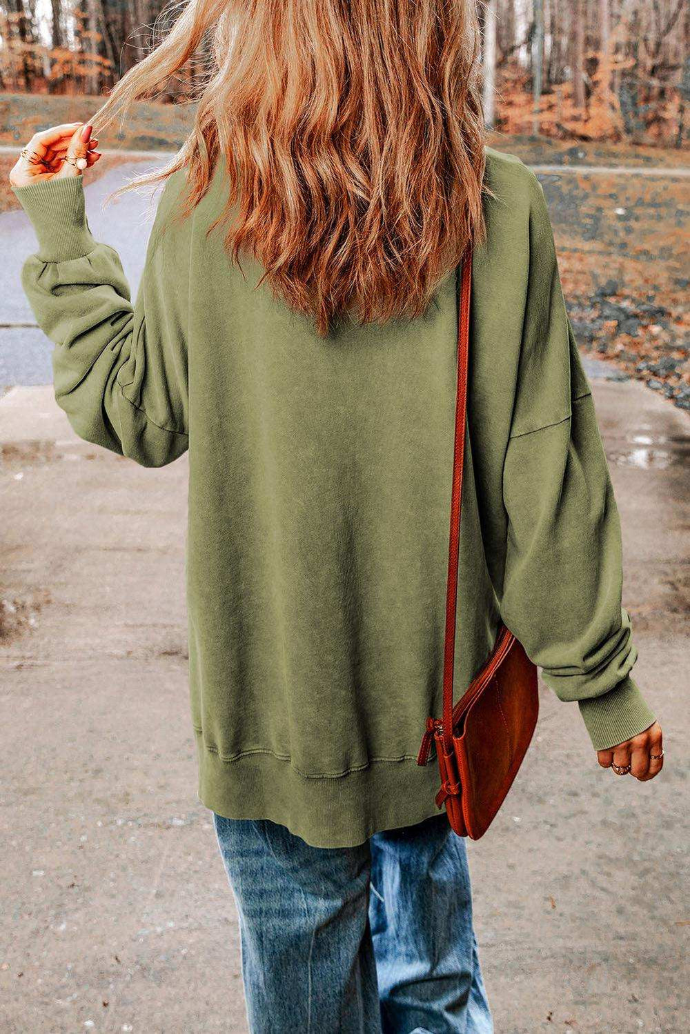 Dropped Shoulder Round Neck Long Sleeve Blouse - Trendsi - Flyclothing LLC