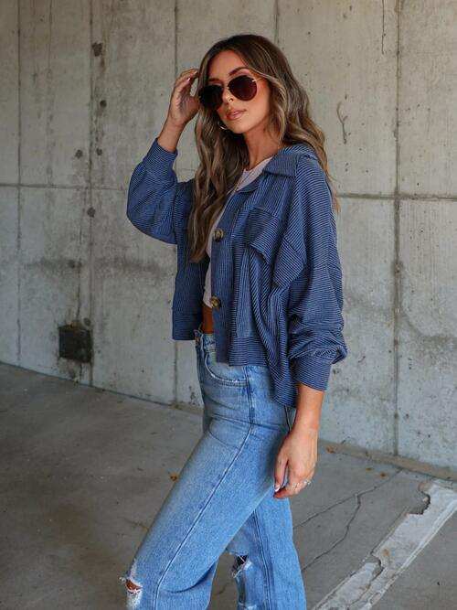 Ribbed Collared Neck Button Up Jacket - Trendsi - Flyclothing LLC