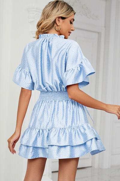 Smocked Tie Neck Flounce Sleeve Dress - Trendsi - Flyclothing LLC