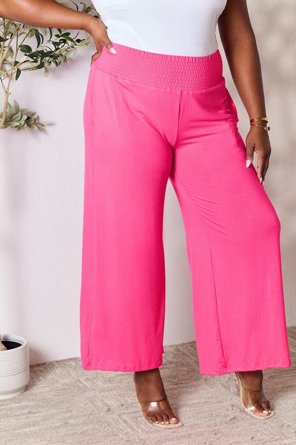 Double Take Full Size Smocked Wide Waistband Wide Leg Pants - Trendsi - Flyclothing LLC