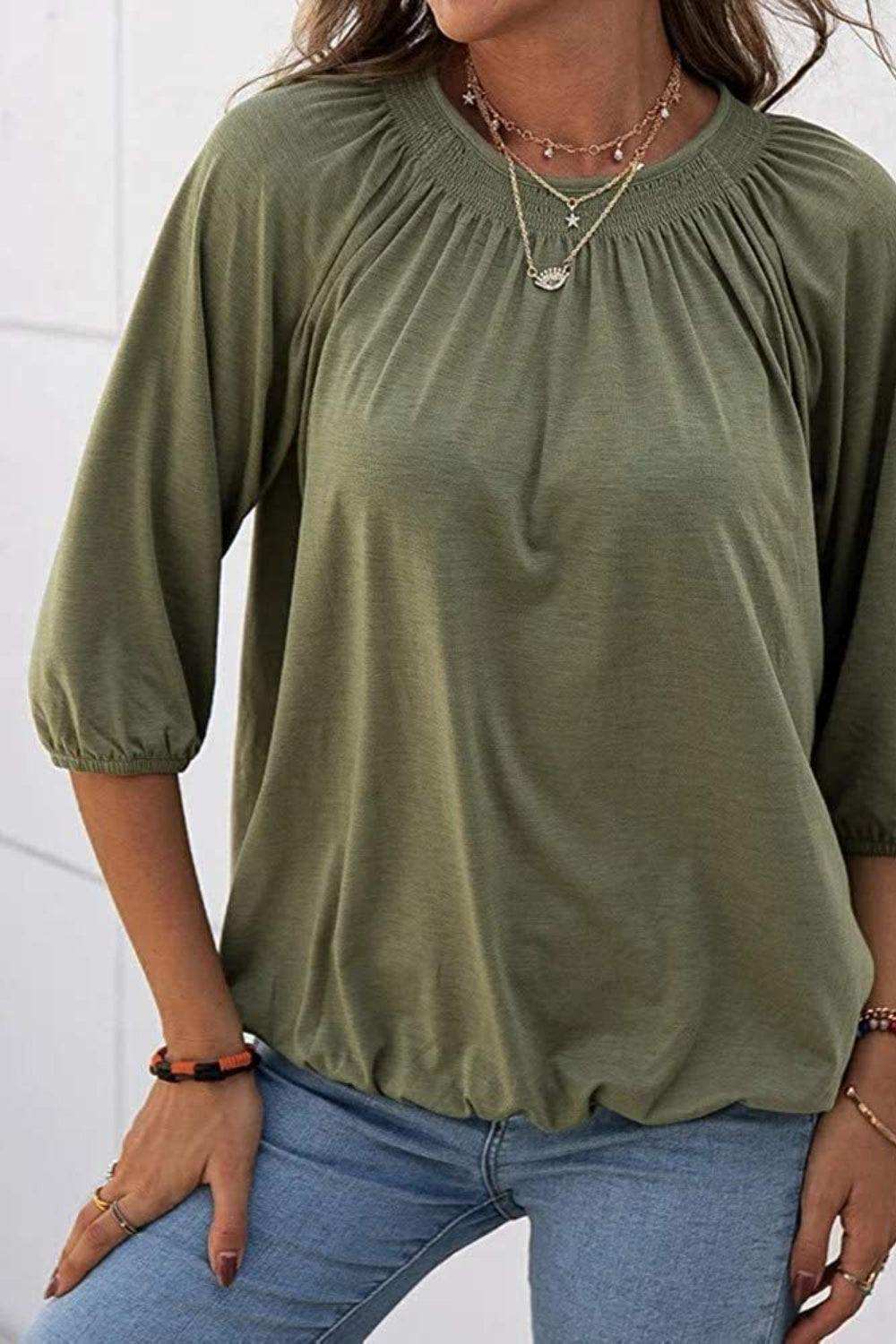 Gathered Detail Round Neck T-Shirt - Trendsi - Flyclothing LLC
