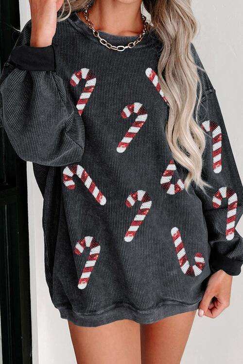 Sequin Candy Cane Round Neck Sweatshirt - Trendsi - Flyclothing LLC