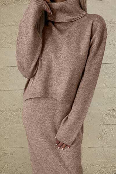 Turtleneck Dropped Shoulder Sweater and Midi Dress Sweater Set - Trendsi - Flyclothing LLC