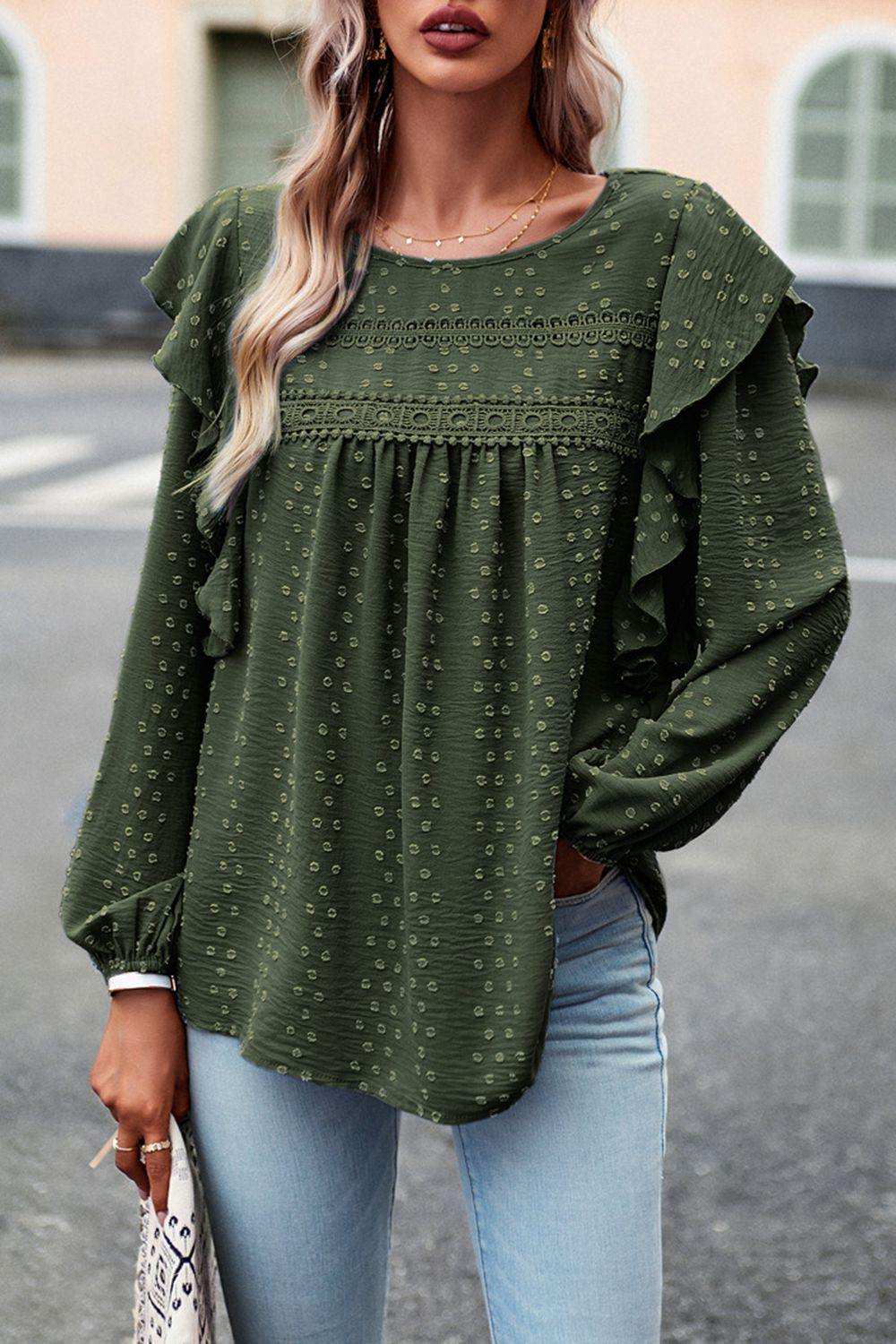 Ruffle Trim Balloon Sleeve Blouse - Trendsi - Flyclothing LLC