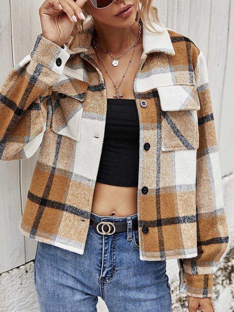 Plaid Collared Neck Jacket with Breast Pockets - Trendsi - Flyclothing LLC