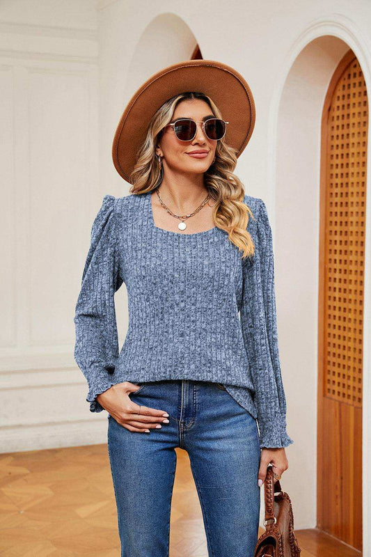 Square Neck Puff Sleeve Top - Trendsi - Flyclothing LLC