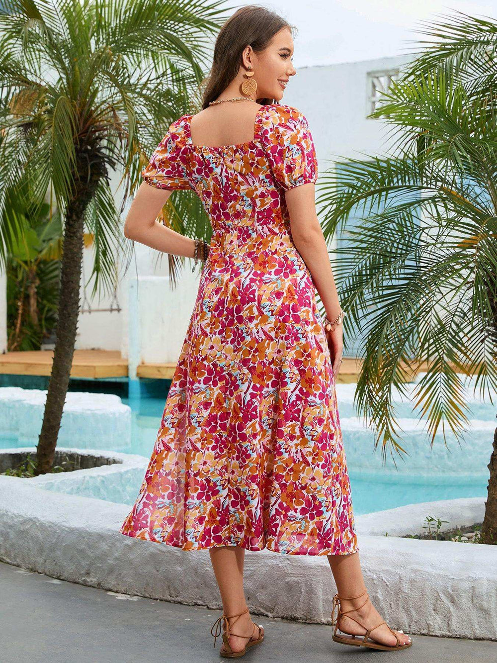 Floral Square Neck Short Sleeve Midi Dress - Trendsi - Flyclothing LLC