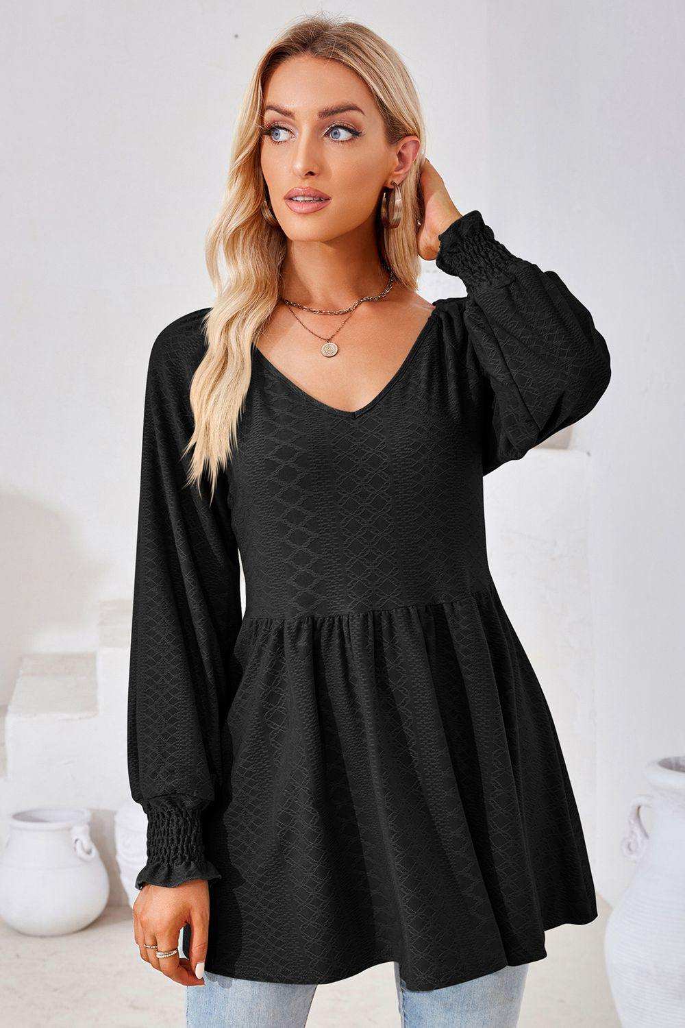 V-Neck Lantern Sleeve Blouse - Trendsi - Flyclothing LLC