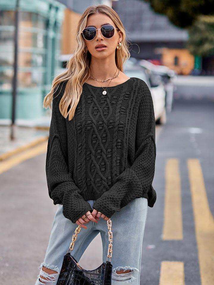 Round Neck Cable-Knit Sweater - Trendsi - Flyclothing LLC