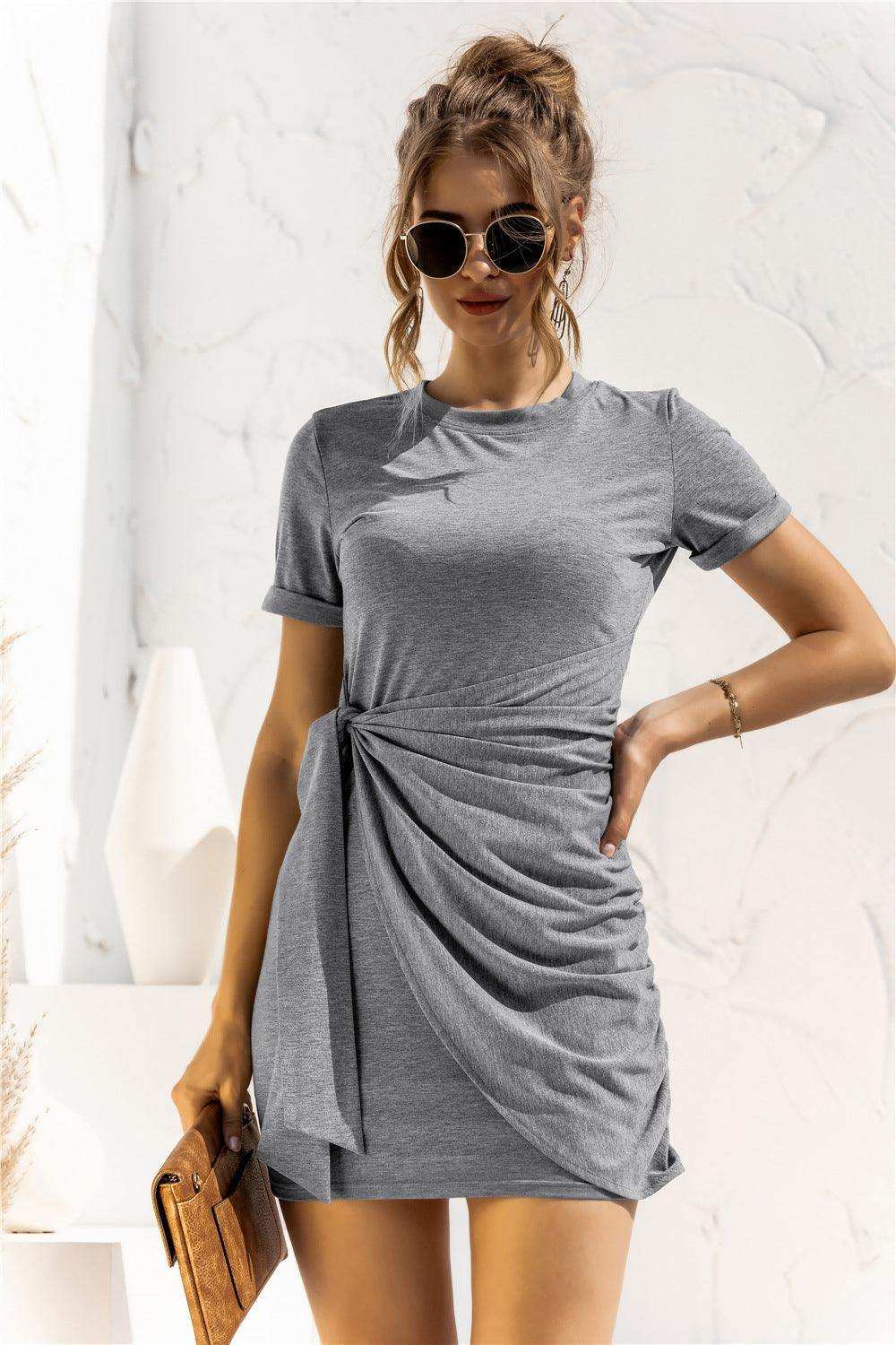 Round Neck Cuffed Sleeve Side Tie Dress - Trendsi - Flyclothing LLC