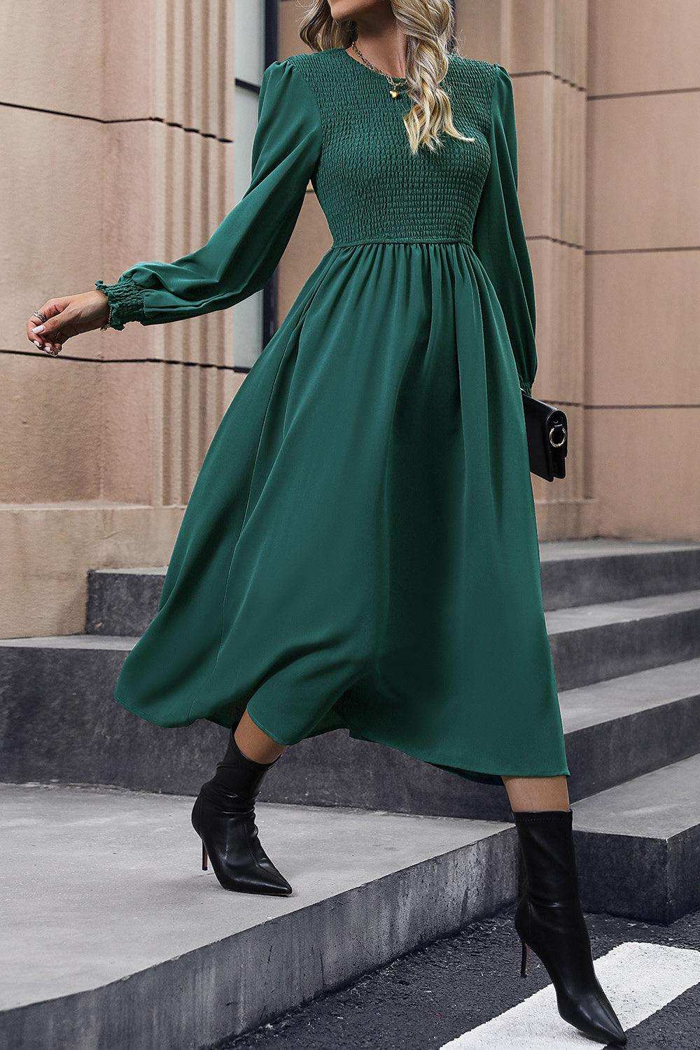 Smocked Long Sleeve Midi Dress - Trendsi - Flyclothing LLC