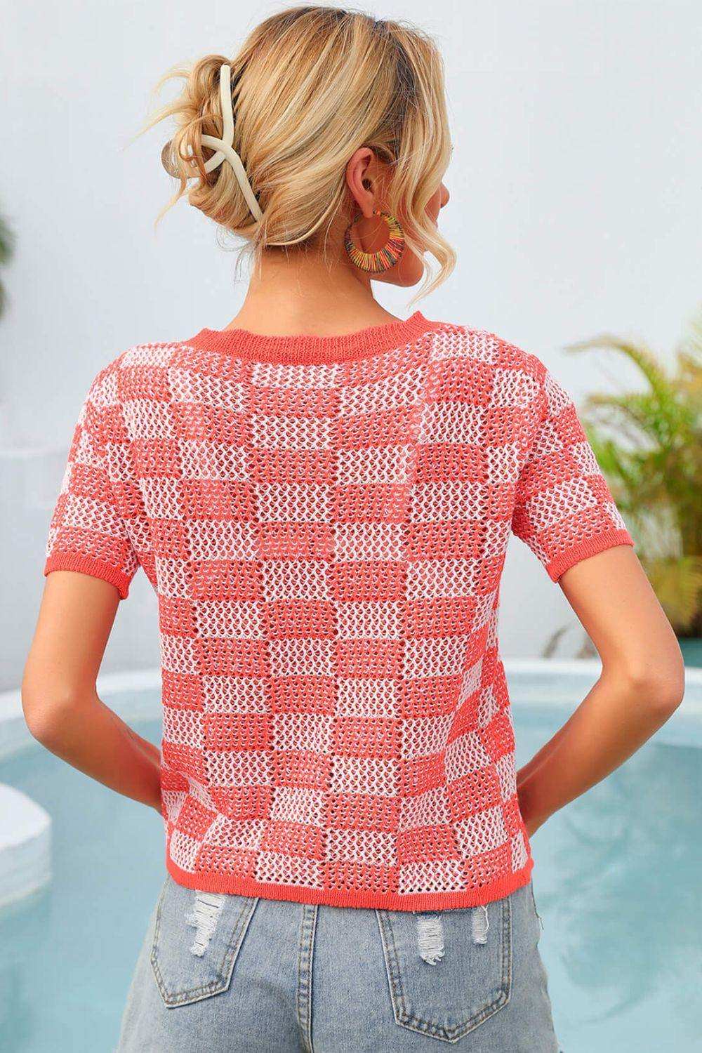 Checkered Short Sleeve Knit Top - Trendsi - Flyclothing LLC